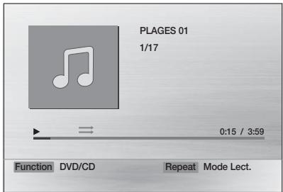PLAGES 01 1/17 0:15 / 3:59 Function DVD/CD Repeat Mode Lect.