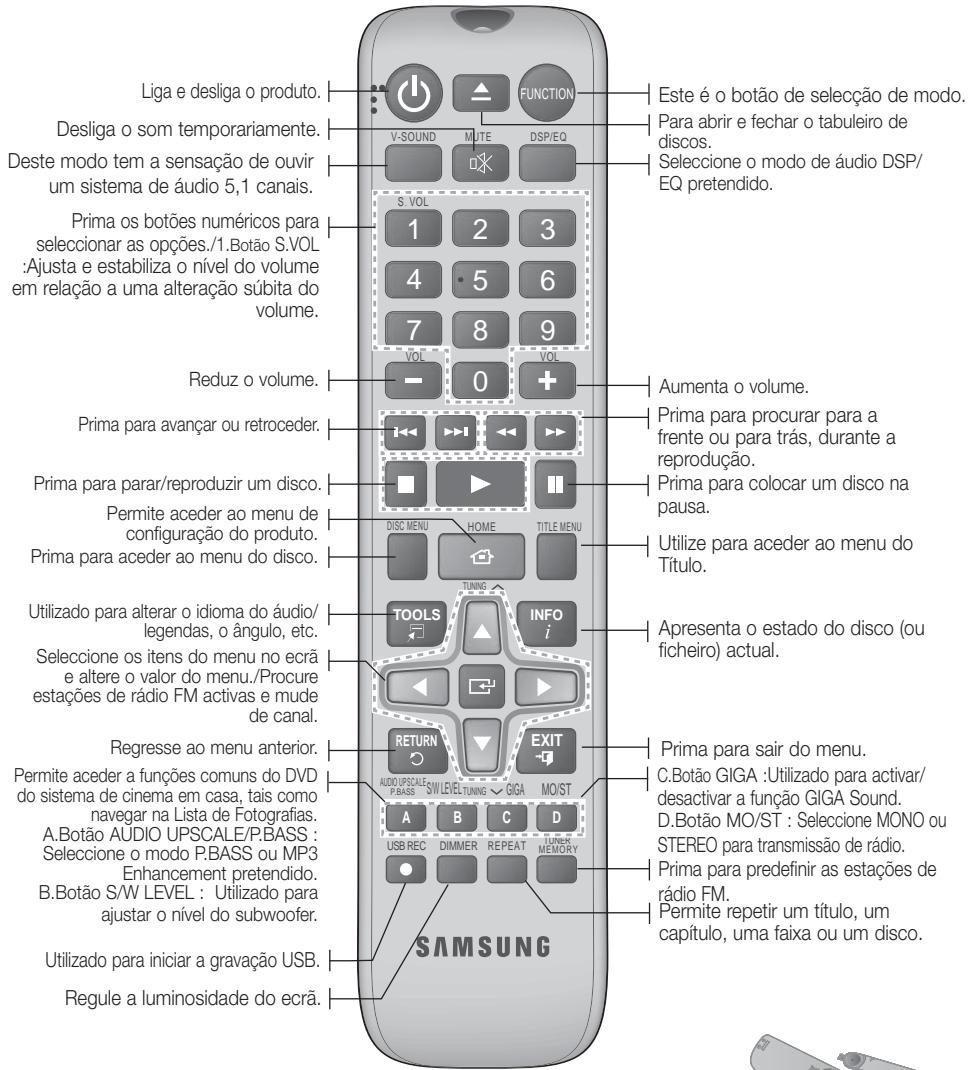 Liga e desliga o produto. Desliga o som temporariamente. Deste modo tem a sensação de ouvir um sistema de áudio 5,1 canais. Prima os botões numéricos para seleccionar as opções./1.Botão S.VOL :Ajusta e estabiliza o nível do volume em relação a uma alteração súbita do volume. Reduz o volume. Prima para avançar ou retroceder. Prima para parar/reproduzir um disco. Permite aceder ao menu de configuração do produto. Prima para aceder ao menu do disco. Utilizado para alterar o idioma do áudio/ legendas, o ângulo, etc. Seleccione os itens do menu no ecrã e altere o valor do menu./Procure estações de rádio FM activas e mude de canal. Regresse ao menu anterior. Permite aceder a funções comuns do DVD do sistema de cinema em casa, tais como navegar na Lista de Fotografias. A.Botão AUDIO UPSCALE/P.BASS : Seleccione o modo P.BASS ou MP3 Enhancement pretendido. B.Botão S/W LEVEL : Utilizado para ajustar o nível do subwoofer. Utilizado para iniciar a gravação USB. Regule a luminosidade do ecrã. FUNCTION Este é o botão de selecção de modo. Para abrir e fechar o tabuleiro de discos. Seleccione o modo de áudio DSP/ EQ pretendido. Aumenta o volume. Prima para procurar para a frente ou para trás, durante a reprodução. Prima para colocar um disco na pausa. Utilize para aceder ao menu do Título. Apresenta o estado do disco (ou ficheiro) actual. PRima para sair do menu. C.Botão GIGA :Utilizado para activ/ desactivar a função GIGA Sound. D.Botão MO/ST : Seleccione MONO ou STEREO para transmissão de rádio. Prima para predefinir as estações de rádio FM. Permite repetir um título, um capítulo, uma faixa ou um disco. SAMSUNG