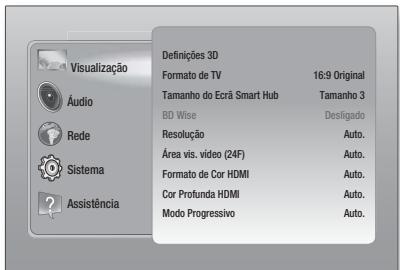 Visualização Áudio Rede Sistema Assistência Definições 3D Formato de TV 16:9 Original Tamanho do Ecrã Smart Hub Tamanho 3 BD Wise Desligado Resolução Auto. Área vis. vídeo (24F) Auto. Formato de Cor HDMI Auto. Cor Profunda HDMI Auto. Modo Progressivo Auto.