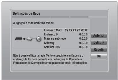 Definições de Rede A ligação à rede com fios falhou. Endereço MAC XX:XX:XX:XX:XX:XX Endereço IP 0.0.0.0 Máscara sub-rede 0.0.0.0 Gateway 0.0.0.0 Servidor DNS 0.0.0.0 Anterior Defin. IP Repetir Não é possível ligar à rede. Tente o seguinte: verifique se o endereço IP foi bem definido em Definições IP. Contacte o Fornecedor de Serviços Internet para obter mais informações.