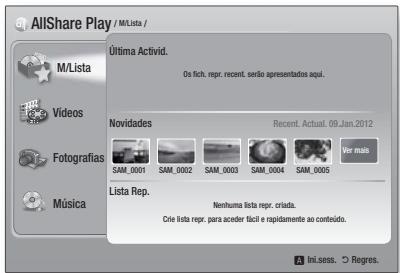 AllShare Play / MLista / M/Lista Videos Fotografías Música Última Activid. Os fich. repr. recent. serão apresentados aquí. Novidades SAM_0001 SAM_0002 SAM_0003 SAM_0004 SAM_0005 Recent. Actual. 09.Jan.2012 Ver mais Lista Rep. Nenhuma lista repr. criada. Crie lista repr. para aceder fácil e rapidamente ao conteúdo. Ini.sest. Regres.