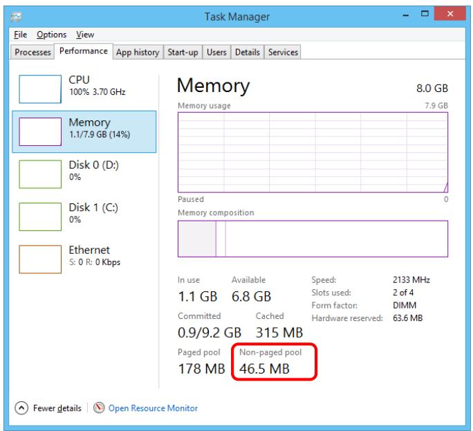 Task Manager File Options View Processes Performance App history Start-up Users Details Services CPU 100% 3.70 GHz Memory 1.1/7.9 GB (14%) Disk 0 (D:) 0% Disk 1 (C:) 0% Ethernet S: 0 R: 0 Kbps Memory 8.0 GB Memory usage 7.9 GB Paused 0 Memory composition In use Available Speed: 2133 MHz 1.1 GB 6.8 GB Slots used: 2 of 4 Committed Cached Hardware reserved: DIMM 0.9/9.2 GB 315 MB Paged pool Non-paged pool 178 MB 46.5 MB Fewer details Open Resource Monitor