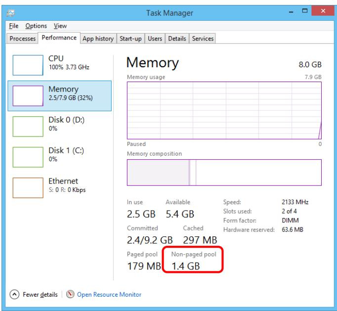 Task Manager File Options View Processes Performance App history Start-up Users Details Services CPU 100% 3.73 GHz Memory 2.5/7.9 GB (32%) Disk 0 (D:) 0% Disk 1 (C:) 0% Ethernet S: 0 R: 0 Kbps Memory 8.0 GB Memory usage 7.9 GB Paused 0 Memory composition In use Available Speed: 2133 MHz 2.5 GB 5.4 GB Slots used: 2 of 4 Committed Cached Hardware reserved: DIMM 2.4/9.2 GB 297 MB Paged pool Non-paged pool 179 MB 1.4 GB Fewer details Open Resource Monitor
