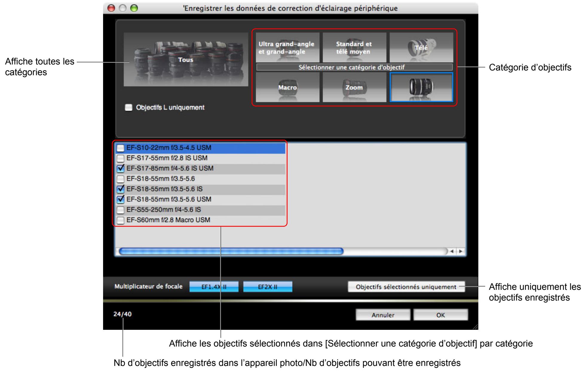 CANON EOS UTILITY VERSION 2.6 - Liste des fonctions de la fenêtre Enregistrer les données de correction d'éclairage périphérique (p.20) - 1