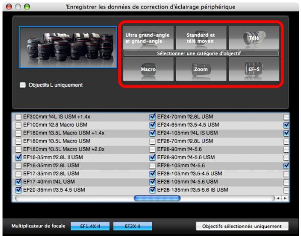 CANON EOS UTILITY VERSION 2.6 - Sélectionnez la catégorie d'objectifs pour laquelle vous souhaitez enregistrer des données de correction. - 1