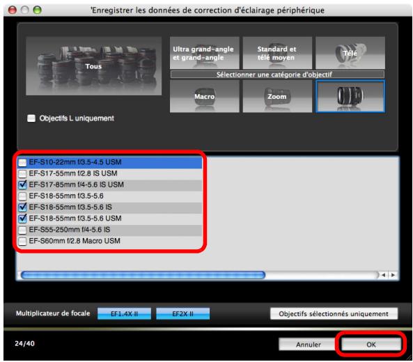 CANON EOS UTILITY VERSION 2.6 - Sélectionnez l'objectif pour lequel vous souhaitez enregistrer les données de correction et cliquez sur le bouton [OK]. - 1