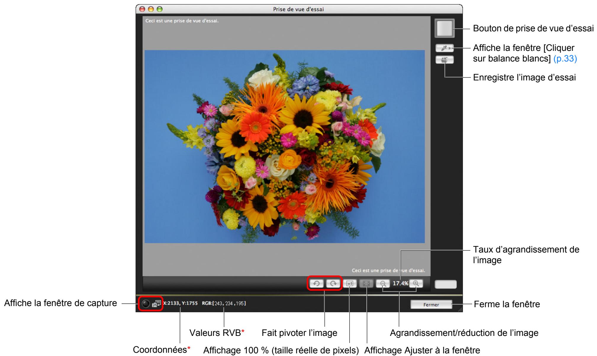 CANON EOS UTILITY VERSION 2.6 - Liste des fonctions de la fenêtre de prise de vue d'essai (p.32) - 1