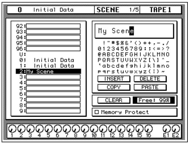 YAMAHA 02RV2 - Select the individual character positions with the CURSOR buttons. Use the encoder wheel to select the characters. - 1