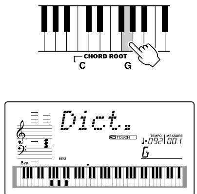 YAMAHA DGX-205 - As an example, we'll learn how to play a GM7 (G major seventh) chord. Press the "G" key in the section of the keyboard labeled "CHORD ROOT." (The note doesn't sound.) The root note you set is shown in the display. - 1