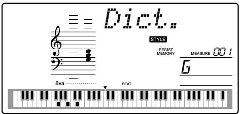 YAMAHA DGX-220 - As an example, we'll learn how to play a GM7 (G major seventh) chord. Press the "G" key in the section of the keyboard labeled "ROOT". (The note doesn't sound.) The root note you set is shown in the display. - 2
