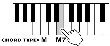 YAMAHA DGX-220 - Press the "M7" (major seventh) key in the section of the keyboard labeled "CHORD TYPE". (The note doesn't sound.) The notes you should play for the specified chord (root note and chord type) are shown in the display, both as notation and in the keyboard diagram. - 1
