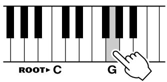 YAMAHA DGX-220 - As an example, we'll learn how to play a GM7 (G major seventh) chord. Press the "G" key in the section of the keyboard labeled "ROOT". (The note doesn't sound.) The root note you set is shown in the display. - 1
