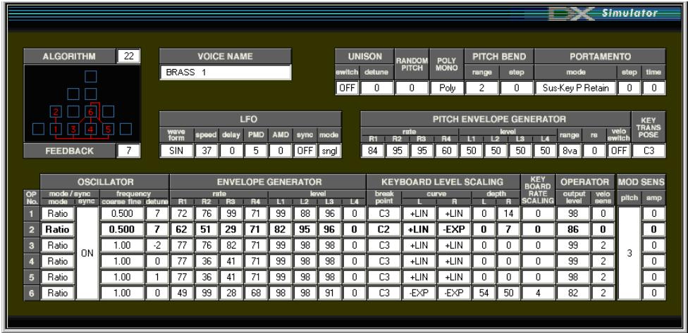 YAMAHA DXSIMULATOR - Edit the voice parameters as desired from one of the editing windows: Edit Panel or Edit List. - 2