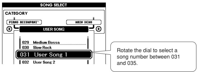 YAMAHA DGX-630 YPG-635 - From the MAIN display press the [SONG] button, then use the dial to select the user song number (031-035) you want to record to. - 2