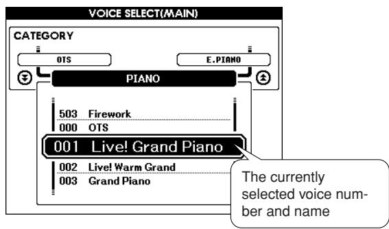 YAMAHA DGX-630 YPG-635 - Press the [VOICE] button. The main voice selection display - 2