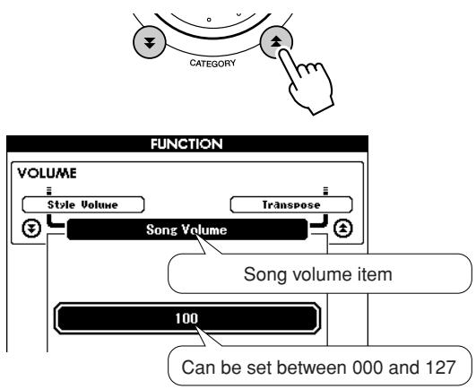 YAMAHA DGX-630 YPG-635 - Use the CATEGORY [▲] and [▼] buttons to select the Song Volume item. - 1