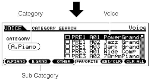 YAMAHA MOTIF ES6 - Turn the Category Search function on by pressing the [CATEGORY SEARCH] button. - 2
