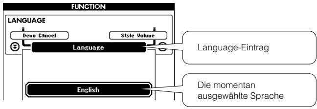 YAMAHA ARIUS YDP-V240 - Drücken Sie so oft wie nötig eine der CATEGORY-Tasten [▲] und [▼] mehrfach, bis der „Language“-Eintrag angezeigt wird. - 2
