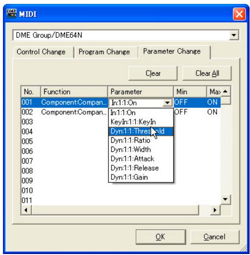 YAMAHA DME DESIGNER - Onglet [parameter change] (changement de paramètre) - 3