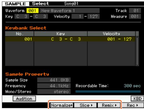 YAMAHA MOTIF XF7 - Menu supplémentaires dans l'écran sampling edit/sampling main - 1
