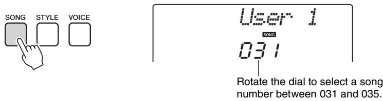 YAMAHA NP-V80 - Press the [SONG] button, then use the dial to select the user song number (031-035) you want to record to. - 1