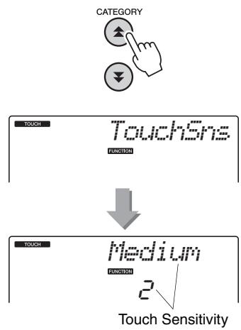 YAMAHA NP-V80 - Press the CATEGORY [A] and [Y] buttons as many times as necessary to select the Touch Sensitivity item "TouchSns". - 1
