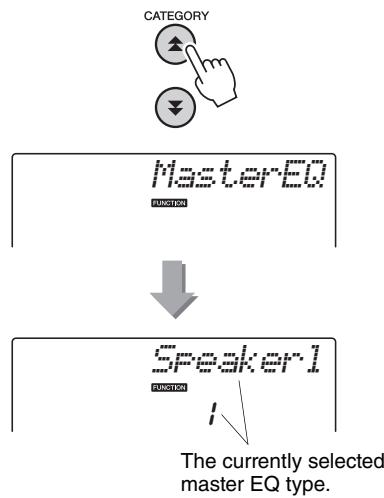 YAMAHA NP-V80 - Press the CATEGORY [A] and [Y] buttons as many times as necessary to select the master EQ type function "MasterEQ". - 1