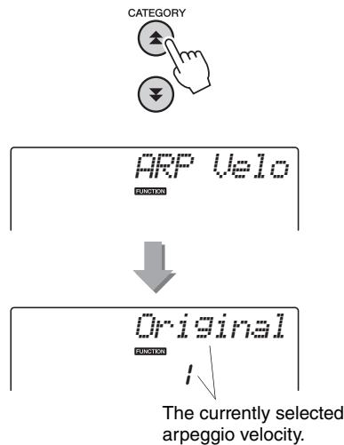 YAMAHA NP-V80 - Press the CATEGORY [A] and [Y] buttons as many times as necessary to select the arpeggio velocity function "ARP Velo". - 1