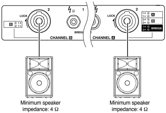 LOCK 1+ 1- B 1+ 1- BRIDGE CHANNEL B CHANNEL A 1+ 1- A 2+ 2- B 1+ 2+ BRIDGE Minimum speaker impedance: 4 Ω Minimum speaker impedance: 4 Ω