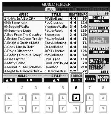 YAMAHA PSR-S710 - Depuis la page ALL (tout) de l'écran MUSIC FINDER, appuyez sur la touche [6 ▲] (SEARCH 1) (recherche 1) pour ouvrir l'écran SEARCH (recherche). - 1