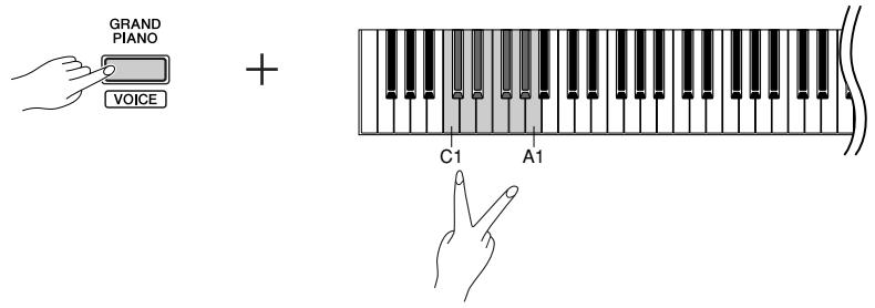 YAMAHA YNP-25 - While holding down the [GRAND PIANO] button, press two keys in the range of C1 through A1 simultaneously (or press one key while holding another) to engage Dual. - 1