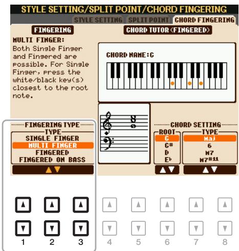 YAMAHA PSR-S750 - Appuyez sur les touches [1 ▲▼]–[3 ▲▼] pour sélectionner un doigté. - 1