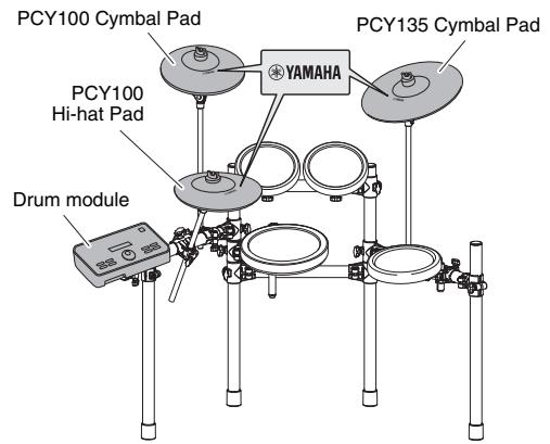 YAMAHA DTX522K/DTX542K - Assembling the drum module, cymbal pads, and hi-hat pad - 1