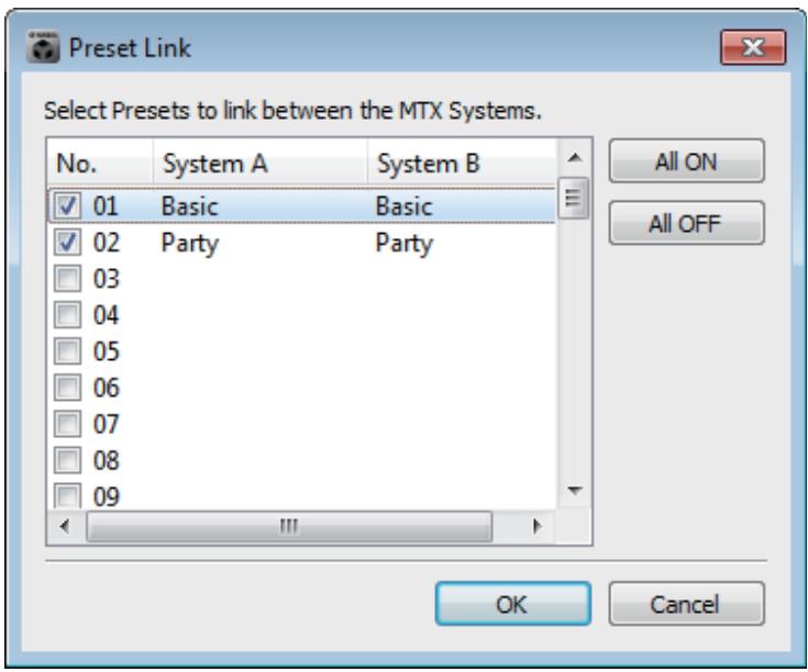 YAMAHA MTX - Boîte de dialogue « Preset Link » - 1