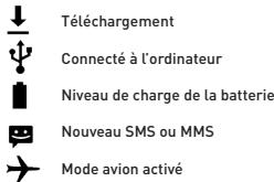 Téléchargement Connecté à l'ordinateur Niveau de charge de la batterie Nouveau SMS ou MMS Mode avion activé