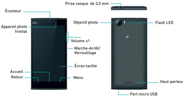 Écouteur Appareil photo frontal Accueil Retour Prise casque de 3,5 mm Objectif photo Volume +/- Marche-Arrêt/Verrouillage Écran tactile Menu Flash LED VH200 Haut-parleur Port micro USB