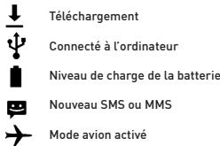 Téléchargement Connecté à l'ordinateur Niveau de charge de la batterie Nouveau SMS ou MMS Mode avion activé