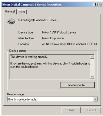 NIKON CAMERA CONTROL PRO - Confirm that "This device is working properly" appears under "Device status" in the "General" tab of the "Nikon Digital Camera D1 Series Properties" dialog. - 1