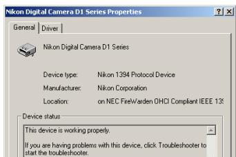 NIKON CAMERA CONTROL PRO 2 - Confirm that "This device is working properly" appears under "Device status" in the "General" tab of the "Nikon Digital Camera D1 Series Properties" dialog. - 1