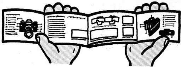 Illustration of hands holding an open notebook with text and images, showing a photo of a person reading content.