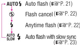 AUTO ↓ Auto flash (P. 21) ↓ Flash cancel (P. 22) ↓ Anytime flash (P. 22) ↓ AUTO SLOW ↓ Auto flash with slow sync ( P. 23)
