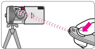 Diagram showing a camera setup with a sensor emitting sound waves, and a hand holding a device with a pink arrow indicating the motion.