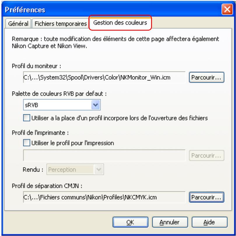 NIKON VIEW 6 - Onglet gestion des couleurs (windows) - 1