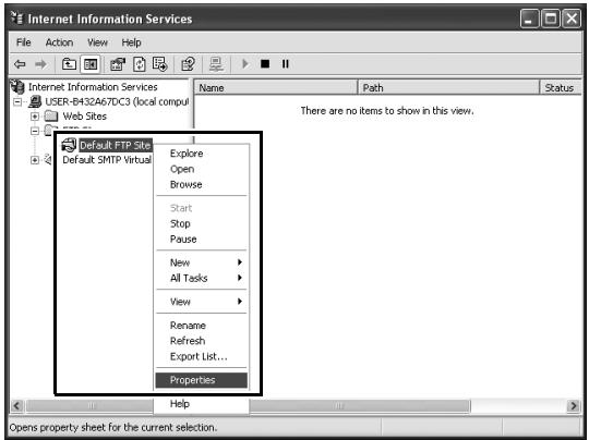 NIKON WT-4 - Right-click [Default FTP Site] and select [Properties] from the menu that appears. - 1