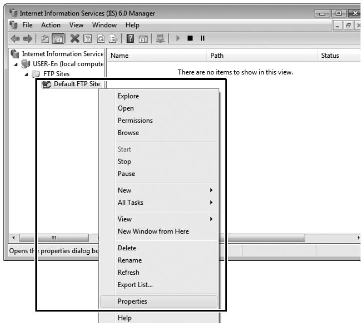 NIKON WT-4 - Right-click [Default FTP Site] and select [Properties] from the menu that appears. - 1
