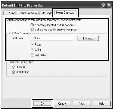 NIKON WT-4 - Open the [Home Directory] tab and select [a directory located on this computer]. The root directory for images uploaded to the ftp server is listed in the [Local Path] text box; choose a folder and select [Read], [Write], and [Log visits]. Click [OK] to close the properties dialog. - 1