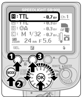 NIKON SB-900 - Setting the flash mode, flash output level compensation values, and channel number on the master flash unit - 1