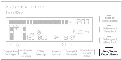 PROTEX PLUS SensiDry 12:00 Extra 5mil Extra Silence Geheugen 1 Mémoire 1 Geheugen 2 Mémoire 2 drogen Plus Séchage+ Anti-kreuk Anti- froissage T/Min Essorage Zoomer Alarme Droogtijd Minutes Startuhtel Départ Differe Start/Pause Départ/Pause