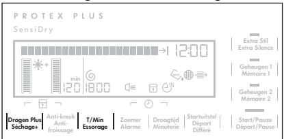 PROTEX PLUS SensiDry 12:00 Extra Sil Extra Silence Geheugen 1 Mémoire 1 Geheugen 2 Mémoire 2 drogen Plus Séchage+ Anti-kreuk Anti- froissage T/Min Essorage Zoomer Alarme Drooglijd Minuterie Startuitstel Départ Differe Start/Pause Départ/Pause