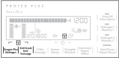 PROTEX PLUS SensiDry 12:00 Extra Sil Extra Silence Geheugen 1 Mémoire 1 Geheugen 2 Mémoire 2 drogen Plus Séchage+ Anti-kreuk Anti- froissage T/Min Essorage Zoomer Alarme Drooglijd Minuterie Startuitstel Départ Differe Start/Pause Départ/Pause